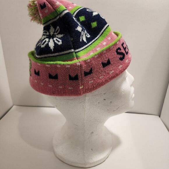 Seattle Seahawks 12 Pink Knit Beanie Hat Winter Cap Pom - Picture 6 of 7